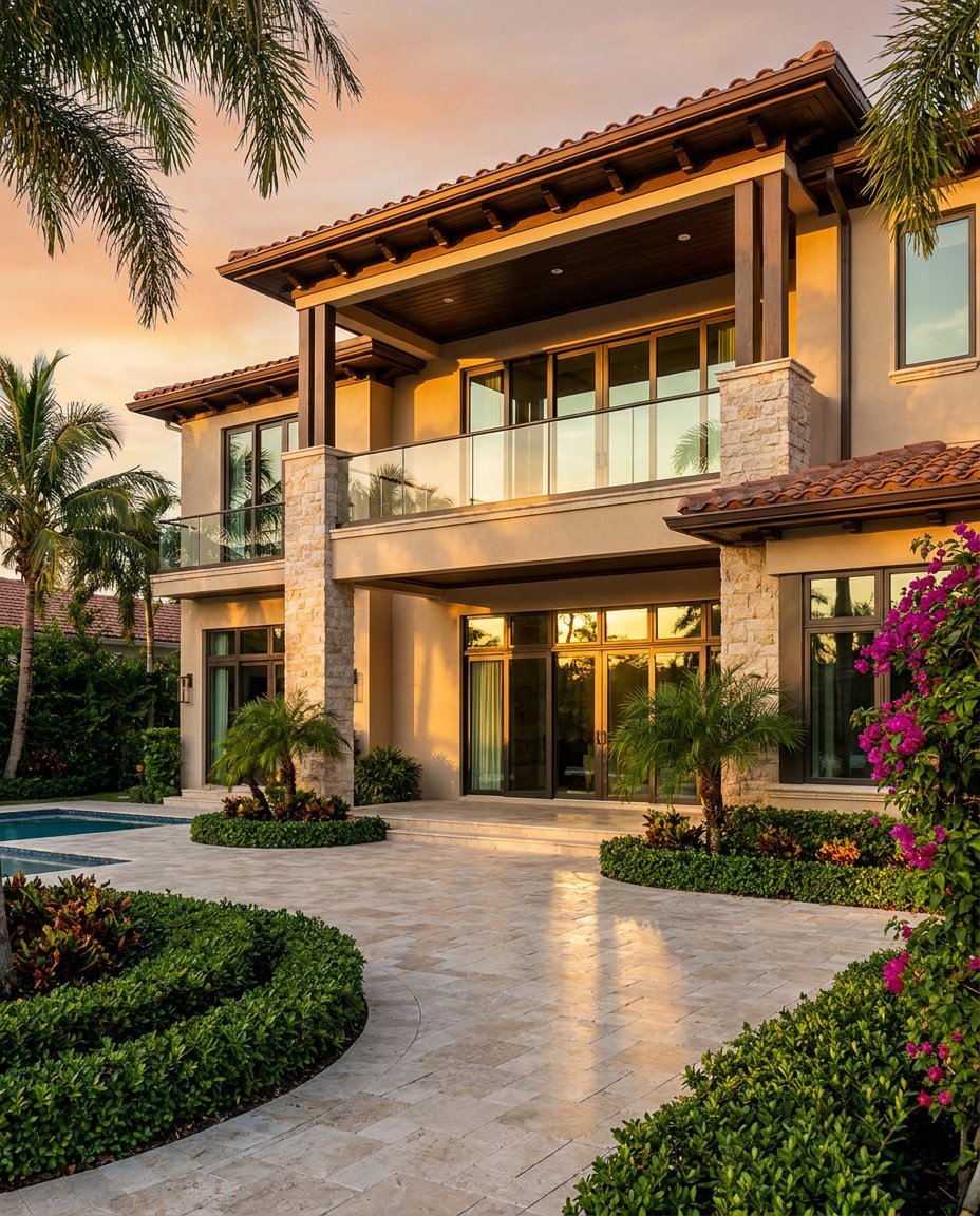 Coral Gables estate with impact glass at golden hour