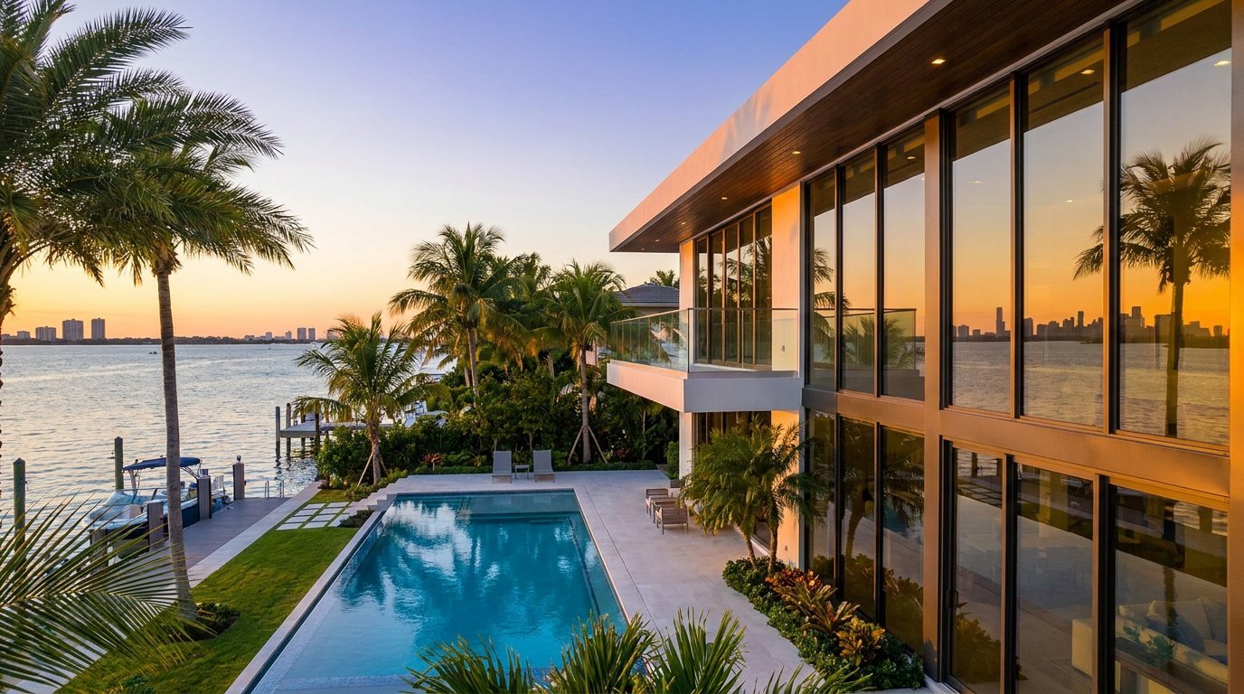 Key Biscayne waterfront villa with hurricane-rated glass